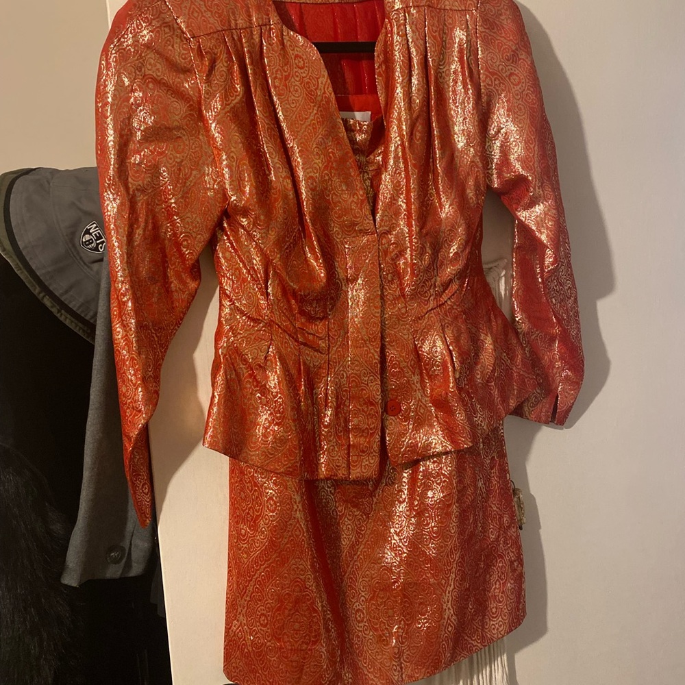 Vintage 80s Albert Nipon Silk Metallic Lurex Patterned Jacket Skirt Set XS 2 - Picture 1 of 5